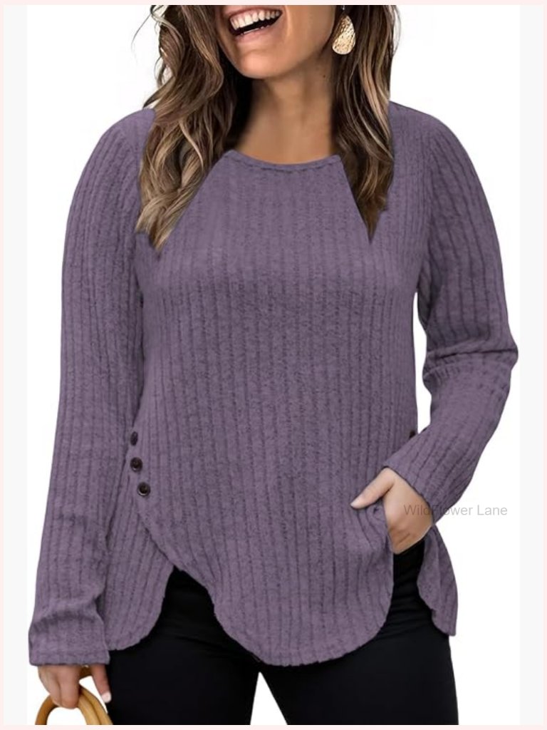 Plus Size Tulip Hem Long Sleeve Tunic Sweater Button Decor Knit Pullover Top